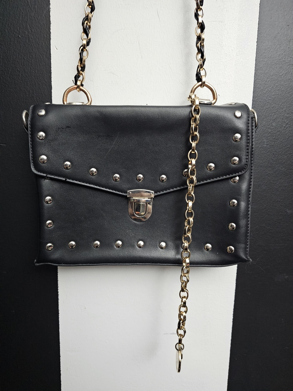 Black Studded Crossbody Bag with Gold Chain Strap